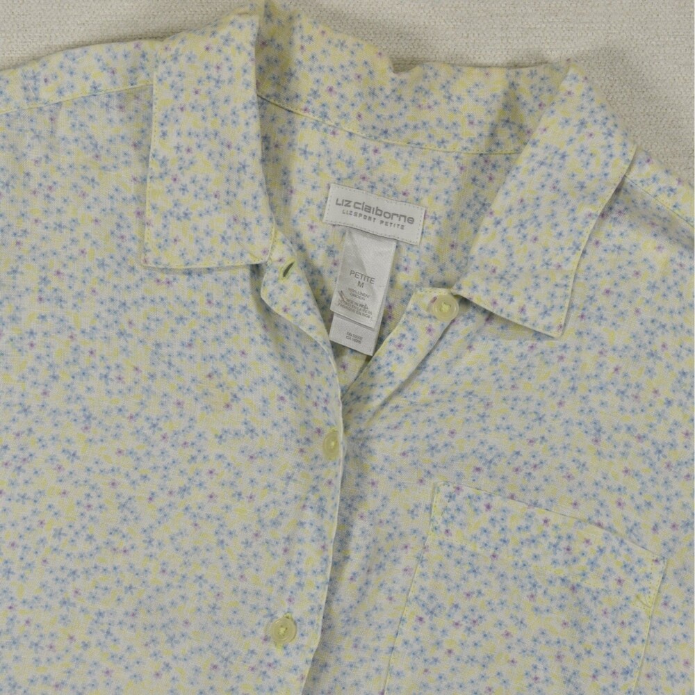 Vintage Liz Claiborne Lizsport Medium Petite Linen Shirt Floral Yellow Blue 90s